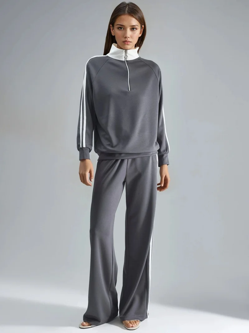 HICCUP Grey Modal Touch Wide Leg Striped Two-Piece Coord Set with Zipper Collar Bersan Collection for Women | Best Price UAE